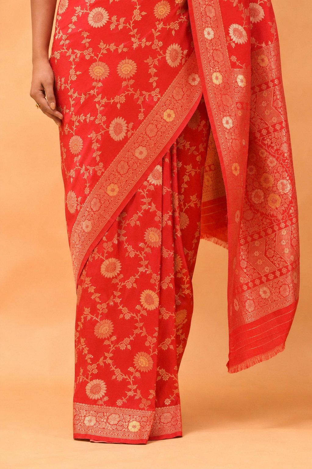 Vermilion Red Banarasi Brocade Saree With Handwoven Floral Jangla Design